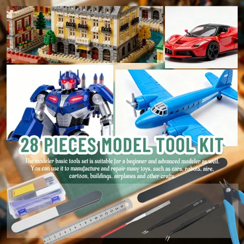 Miniatura 7 de Bigstone Kit de 28 herramientas de modelo, herramientas de construcción de pasatiempos, juego de manualidades, herramientas básicas de bricolaje