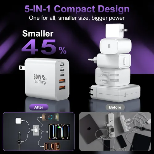 Miniatura 7 de Bloque de cargador de pared rápido USB C, paquete de 2 cubos de carga USBC de 60 W, adaptador de corriente PD+QC de 5 puertos ladrillo multipuerto