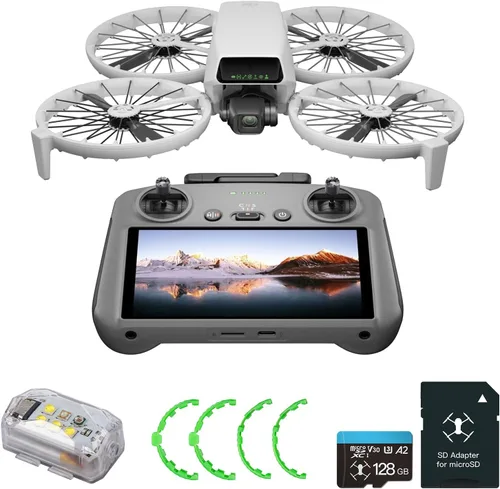 DJI Flip con control remoto RC de 2 pantallas, paquete con tarjeta micro SD de 128GB y anillo protector de hélice y luz estroboscópica - dron con