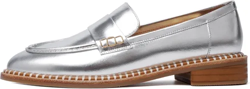 Miniatura 2 de FOGEENA Mocasines de cuero mate para mujer, estilo casual, sin cordones, punta redonda, tacón bajo grueso, zapatos de vestir de 1 pulgada