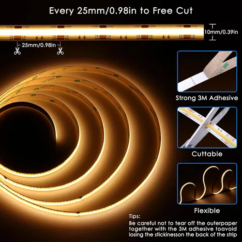 Miniatura 5 de CCT COB Smart LED Strip – 32.8 pies/32.8 ft sintonizable blanco 2700K-6500K 24V tira de luz regulable con control remoto 6400LEDs CRI90+ compatible