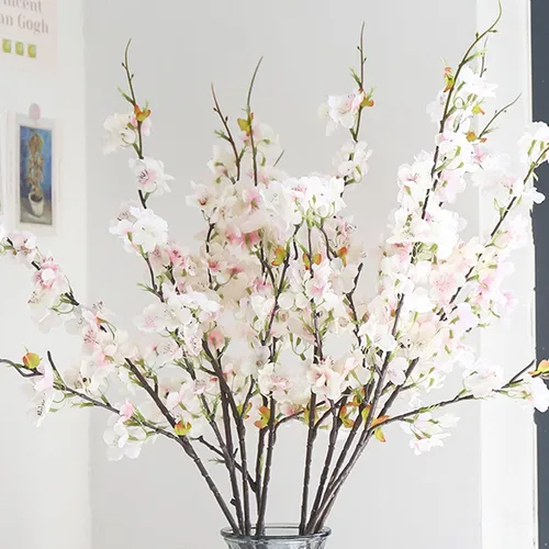 Miniatura 7 de 6 ramas artificiales de cerezo de seda de cerezo sintético, tallos altos, flores artificiales para florero, boda, decoración del hogar (rosa claro)