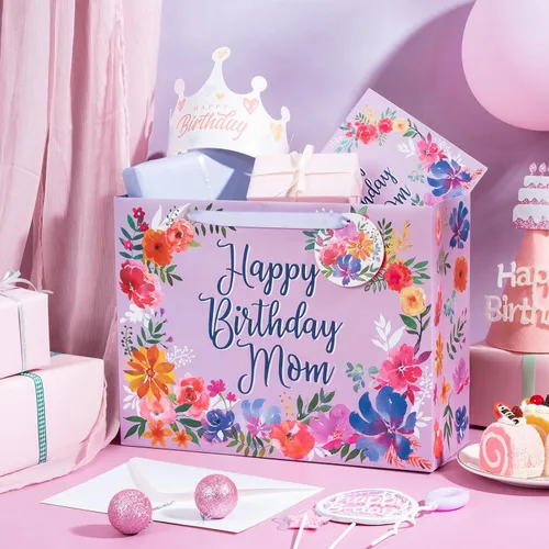 Miniatura 5 de WRAPAHOLIC Bolsa grande de regalo de cumpleaños para mamá de 13 pulgadas con tarjeta y papel de seda, elegante diseño floral con diseño de feliz