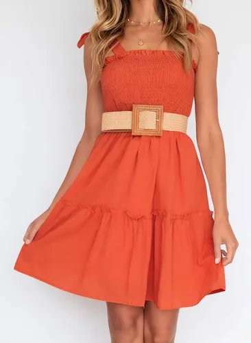 Miniatura 8 de MUXERI Women's Bohemian Solid Color Spaghetti Straps Shirred Square Neck Swing A Line Beach Mini Dress