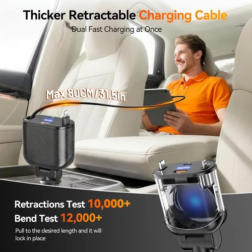Miniatura 2 de MAGJIEYX Cargador retráctil para automóvil 4 en 1, adaptador de carga rápida MAGJIEYX de 62 W, cables retráctiles tipo C/USB-i y dispositivos USB