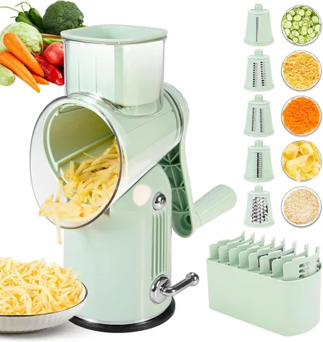 Rallador rotativo de queso con mango triturador de verduras con 5 cuchillas intercambiables, rebanador y picador de alimentos de cocina con base de