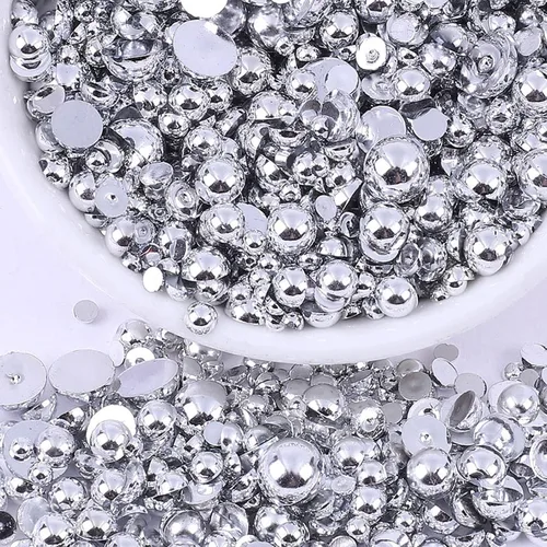 Miniatura 25 de Perlas con parte trasera plana para manualidades, 50g Mezcla Azul Rosa Blanco Medias perlas para manualidades, Tamaño mixto 3/4/5/6/8/10mm Perlas