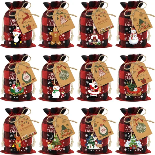 Miniatura 13 de 72 bolsas de regalo navideñas medianas de algodón con cordón de cuadros búfalo, bolsas de dulces navideños de algodón, bolsas pequeñas de tela Medio