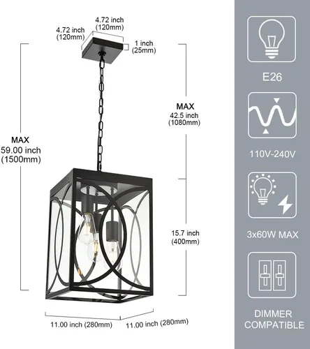 Miniatura 4 de Lámpara colgante para exteriores, 3 luces negras grandes con vidrio transparente, lámpara de metal para exteriores, iluminación de porche para Negro