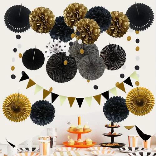Miniatura 6 de Zerodeco - Decoración de fiesta, 21 piezas de abanicos de papel, pompones flores, tiras de cuerdas de lunares y banderines triangulares