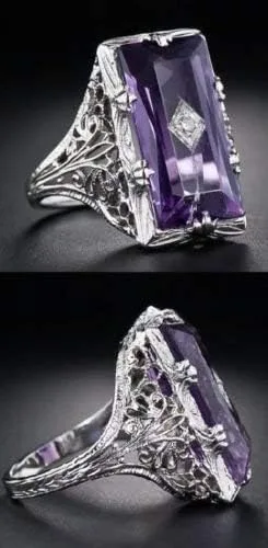 Miniatura 2 de Yuren Anillo de plata 925 con gemas de amatista grande para mujer, talla 6-10 (código de EE. UU. 10), Plata
