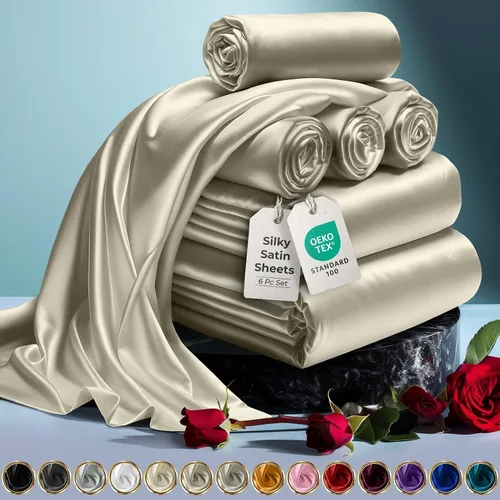 Miniatura 31 de DECOLURE Sábanas de satén para cama - Juego de 6 piezas de ropa de cama de lujo sedosa tamaño King - Más suave que la seda, sin arrugas con sábana