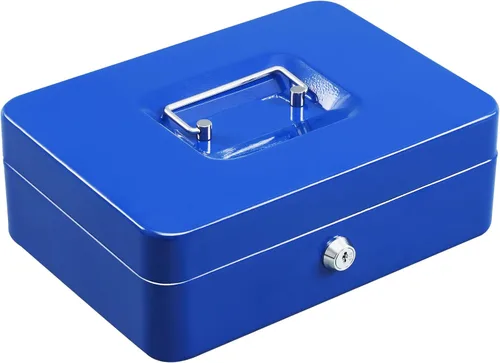 xydled Caja fuerte grande de acero con cerradura con bandeja extraíble para monedas y cerradura de llave, 9.84"x 7.87"x 3.54" pulgadas, azul