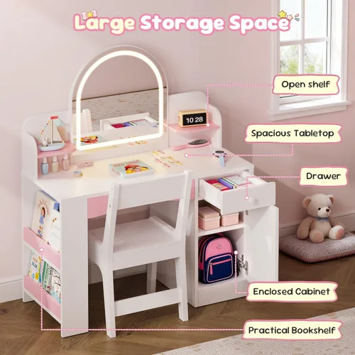 Miniatura 2 de Teckid Juego de tocador para niños con silla y luces, escritorio de maquillaje de princesa 2 en 1, mesa de tocador para niños pequeños con espejo