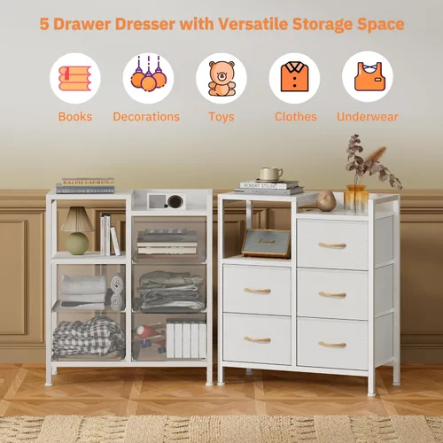 Miniatura 5 de Furnulem Cómoda blanca de 5 cajones para dormitorio, estante de 2 niveles, cómoda de tela pequeña para armario, marco de metal resistente, gabinetes