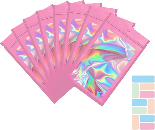 Miniatura 17 de Paquete de 100 bolsas de Mylar con ventana transparente, holográficas, a prueba de olores, para pequeñas empresas, bolsas resellables