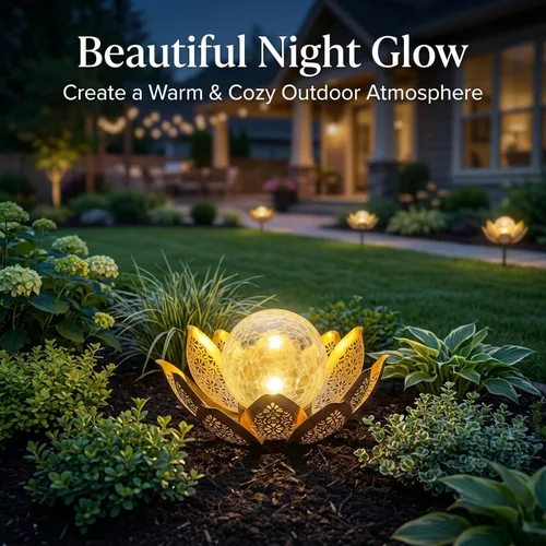 Miniatura 3 de DUSVALLY Luz solar de jardín flor de loto con globo de cristal agrietado, lámpara decorativa de metal para exteriores, luz LED impermeable
