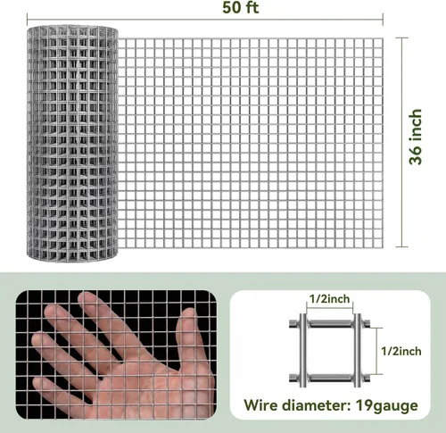 Miniatura 2 de AMAGABELI GARDEN & HOME - Malla metálica con orificios de 1/2 pulgada, 36 pulgadas x 50 pies, calibre 19, galvanizado tras soldado, rollo de malla