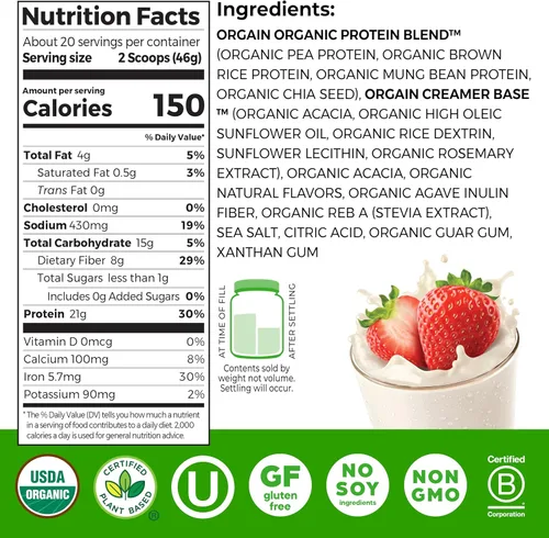 Miniatura 2 de Orgain - Proteína orgánica vegana en polvo, fresas y crema - 21g de proteína a base de plantas, 4g de fibra prebiótica, bajo en carbohidratos netos