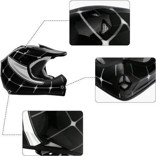 Miniatura 8 de XFMT DOT - Casco para niños y jóvenes de motocross, calle, bicicleta de cross, gafas, guantes, ATV, Mx,...(arañas negras, talla S)