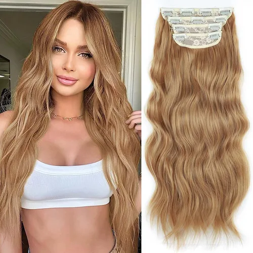 Miniatura 22 de 4 piezas de extensiones de cabello rizado con clip, color dorado oscuro, mezcla de rubio beige, sintético de 20 pulgadas de largo, extensiones