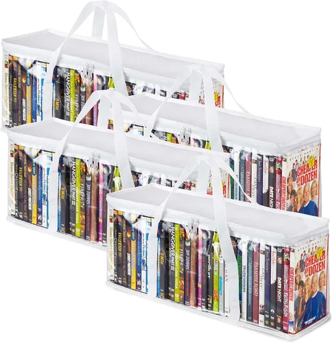 Stock Your Home Bolsas de almacenamiento de DVD (Set de 4) Organizador de medios para DVDs, CDs, Discos Blu Ray, Estuches de películas, Cajas VHS,