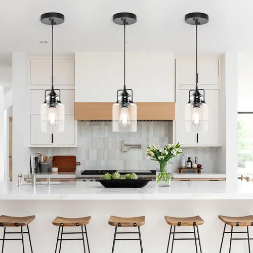 Miniatura 8 de Paquete de 3 Luces Colgantes para Isla de Cocina, Lámpara Colgante Negra Moderna, Luces de Isla de 47 Pulgadas, Cuerda Ajustable, Vidrio