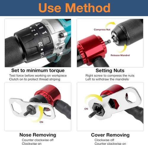 Miniatura 6 de YUZES Adaptador de herramienta de tuerca de remache para taladro eléctrico inalámbrico con 5 mandriles métricos y 6 SAE y 50 tuercas remachadoras