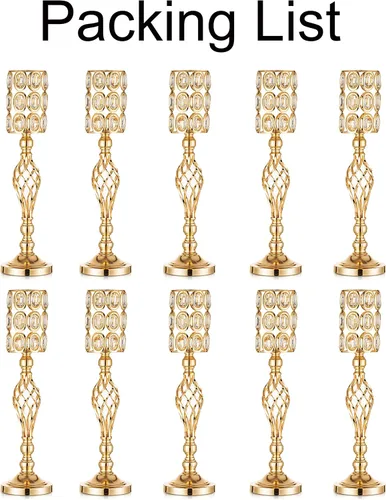 Miniatura 7 de Jarrón de metal dorado, 10 jarrones de trompeta altos para centros de mesa con cuentas de cristal, jarrón de boda para mesas, decoración del hogar