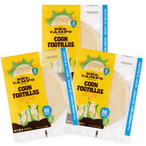 Tortillas de maíz suave Del Campo, redondas de 8 pulgadas. 100% deliciosas, sin gluten y auténtica comida mexicana con maíz. Muchas opciones de