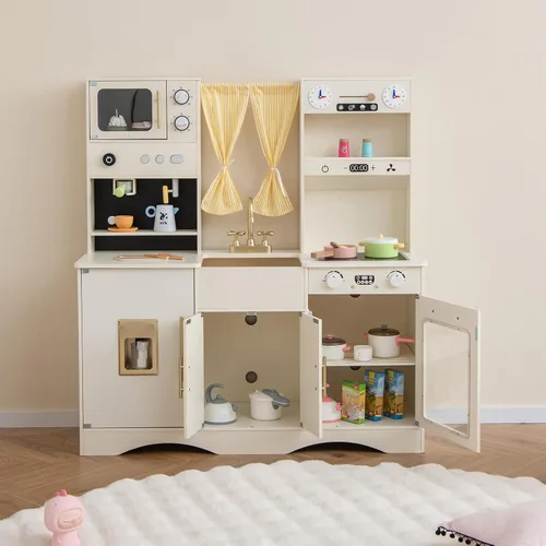 Miniatura 9 de INFANS Juego de Cocina para Niños, Set de Cocina de Juguete con Máquina de Café, Estufa, Fregadero Extraíble, Microondas, Gabinete