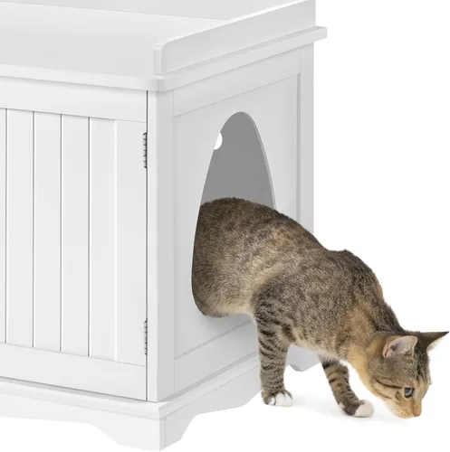 Miniatura 8 de Yaheetech Caja de arena para gatos, muebles de arena ocultos, baño para gatos, jaula para mascotas, banco de almacenamiento decorativo para Blanco