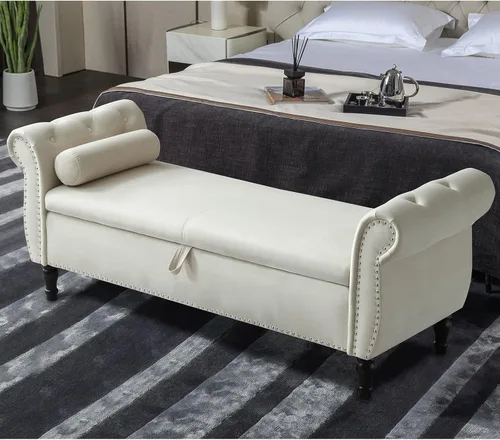 Polibi Banco de almacenamiento para dormitorio, otomana tapizada de terciopelo con diseño de botones armados enrollados, banco largo para ventana de