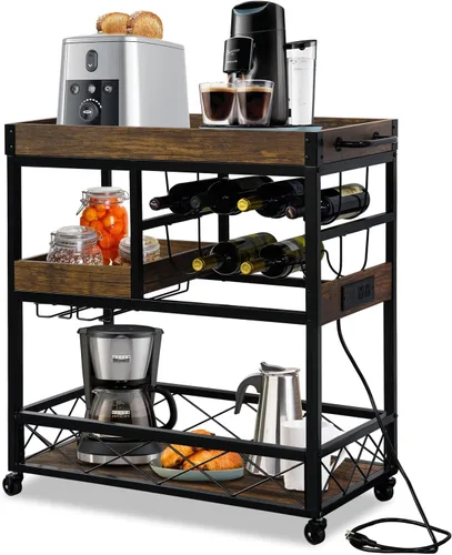 Miniatura 11 de Carrito de bar para el hogar, carrito de servicio industrial de 3 neumáticos con ruedas bloqueables, carrito de bebidas alcohólicas con 2 bandejas