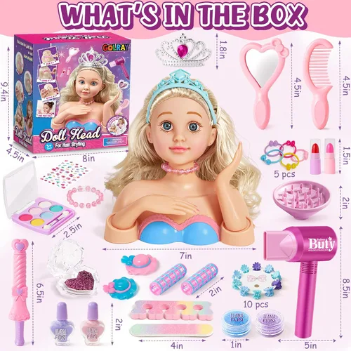 Miniatura 2 de Golray Kit de maquillaje de cabeza de muñeca para peinar, arte de uñas, juguetes para niñas, juguete de peluquería/cosméticos reales esmalte