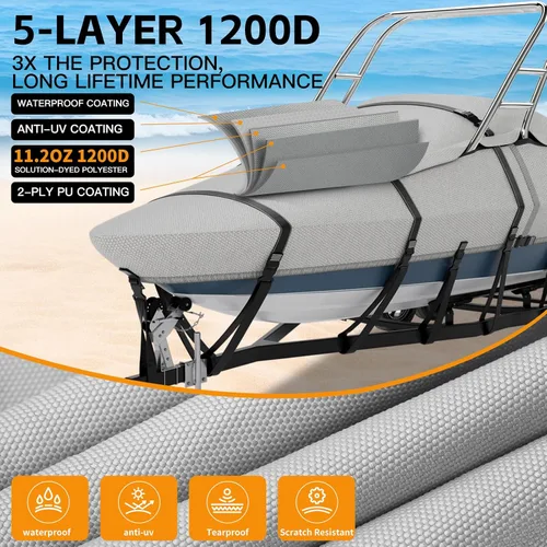 Miniatura 6 de Cubierta para Barco de Torre de Esquí y Wakeboard 900D 100% Impermeable, Resistente a Desgarros, Remolcable de Tamaño Completo para Barcos con Gris