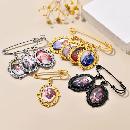 Miniatura 8 de Custom4U Abalorios de fotos de ramo de boda personalizados con 1 a 4 fotos conmemorativas Boutonniere para novia o recuerdo funerario para madre