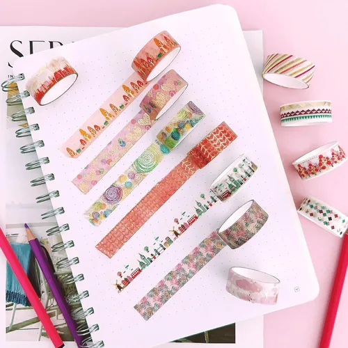 Miniatura 6 de allydrew Elegante caja de cinta washi de lámina dorada para artes y manualidades, álbumes de recortes, papelería, diario (12 rollos), festival rosa