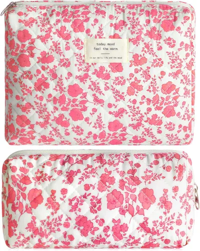 Miniatura 9 de 2 bolsas de maquillaje acolchadas de algodón para viaje, bolsa grande y pequeña para mujeres, bolsas de maquillaje de coqueta floral, bonita bolsa
