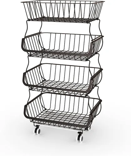Miniatura 2 de FANWU Soporte de cesta de frutas de 4 niveles, carrito de almacenamiento de frutas y verduras, cesta de almacenamiento de alambre con ruedas, Bronce
