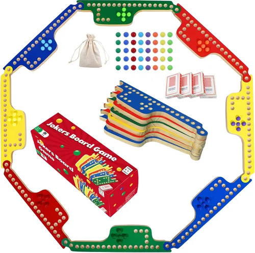 Juego de cartas coloridos de Jokers and Marbles para 2-8 jugadores, 8 tableros de juego de madera maciza, 4 colores, 40 canicas, 4 mazos de cartas,