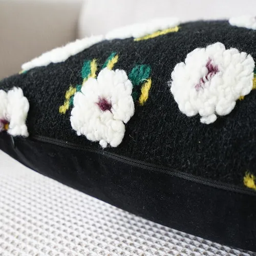 Miniatura 6 de Funda de almohada de forro polar bereber de gamuza de camelia, funda de cojín tridimensional con flores para sala de estar, sofá, oficina, Negro