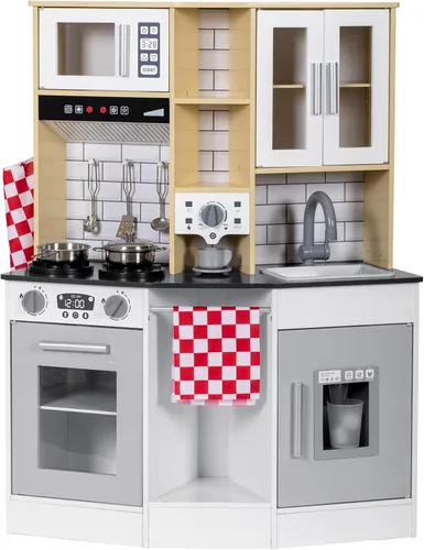 Miniatura 8 de BRINJOY Juego de cocina para niños, cocina de madera para niños con grifo, fregadero, estufa, horno, utensilios de cocina, gabinetes de Blanco