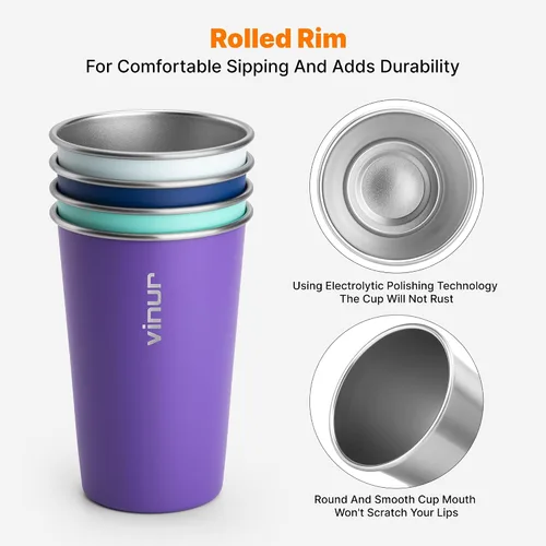 Miniatura 3 de VINUR Paquete de 4 vasos de acero inoxidable de 16 onzas, vasos apilables de metal para viajes, campamento, exteriores