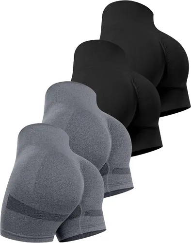 Miniatura 31 de CHRLEISURE Pantalones Cortos de Entrenamiento para Mujer, 4 Paquetes, Cintura Alta, Levantamiento de Glúteos con Fruncido, Pantalones Cortos Booty