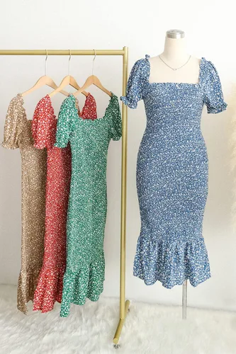 Miniatura 5 de PRETTYGARDEN - Vestido de cóctel y verano para mujer, con estampado floral, por debajo de la rodilla, ajustado, de manga corta abullonada