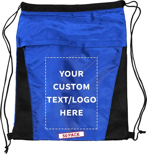 Juego de 50 mochilas de malla con cordón, texto personalizable, logotipo, dos tonos, bolsillo frontal, malla lateral, color azul, - Personalizado -
