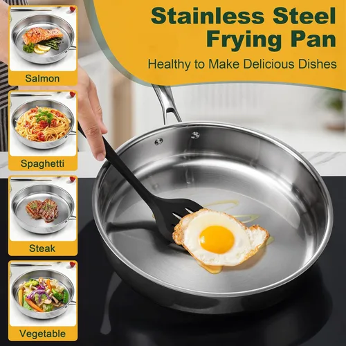 Miniatura 3 de P&P CHEF Sartén de acero inoxidable de 12 pulgadas, sartén de acero inoxidable de 3 capas, sartén de inducción, horno y todas las estufas, segura