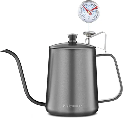 Easyworkz Gage - Hervidor de café de cuello de cisne de 20 onzas con termómetro de acero inoxidable con boquilla larga y estrecha Negro