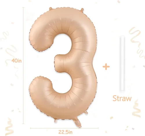 Miniatura 6 de Globos con el número 3, globos de número 3 de 40 pulgadas, globos grandes de aluminio beige grandes para fiesta de cumpleaños, graduación, boda